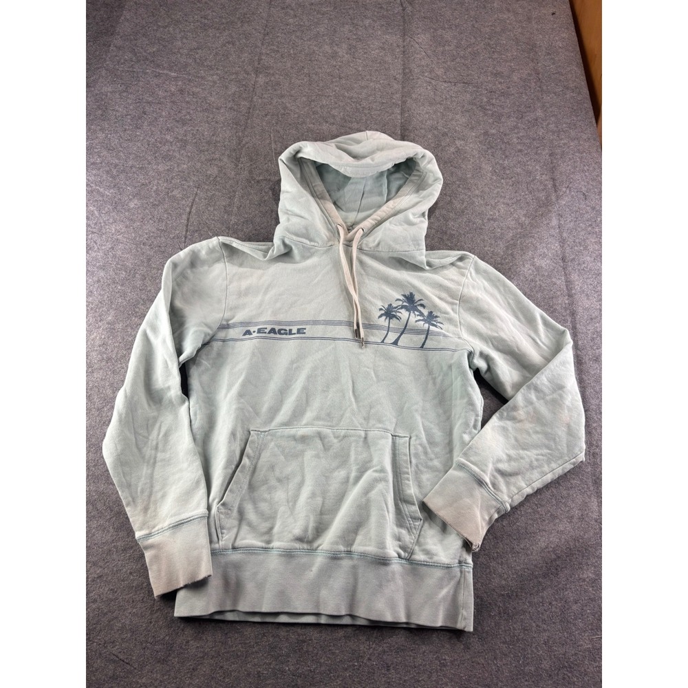 American Eagle Mens Palm Tree Graphic Hoodie Mint Cotton Pullover S Faded Surfer